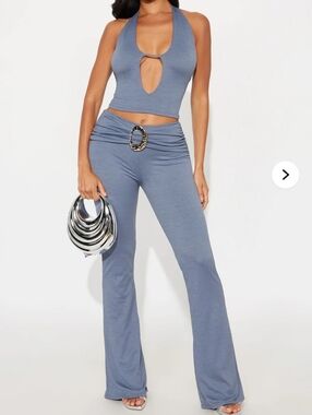 Fashion Nova Slate Blue Halter Flare Pants Set